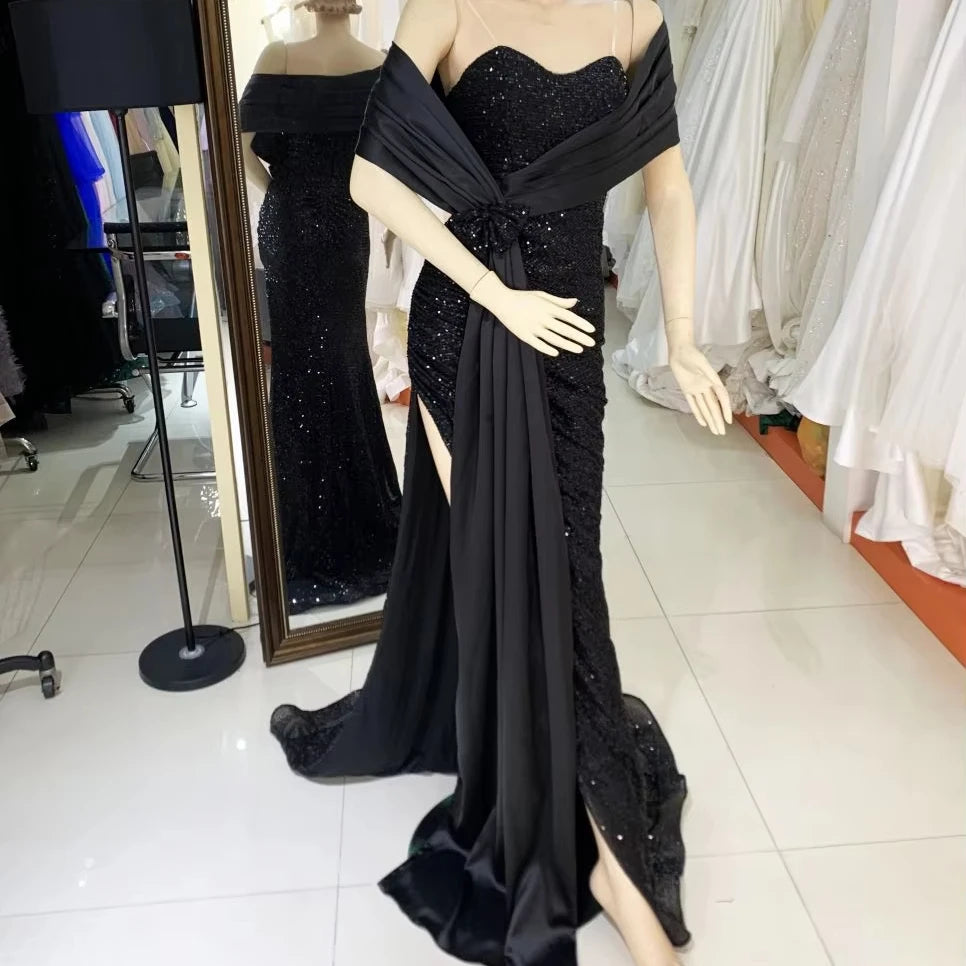 2025 Latest Custom Black Fashion Sexy Women's Cape Design Strapless Corset  Sequins High Slit Evening Dress