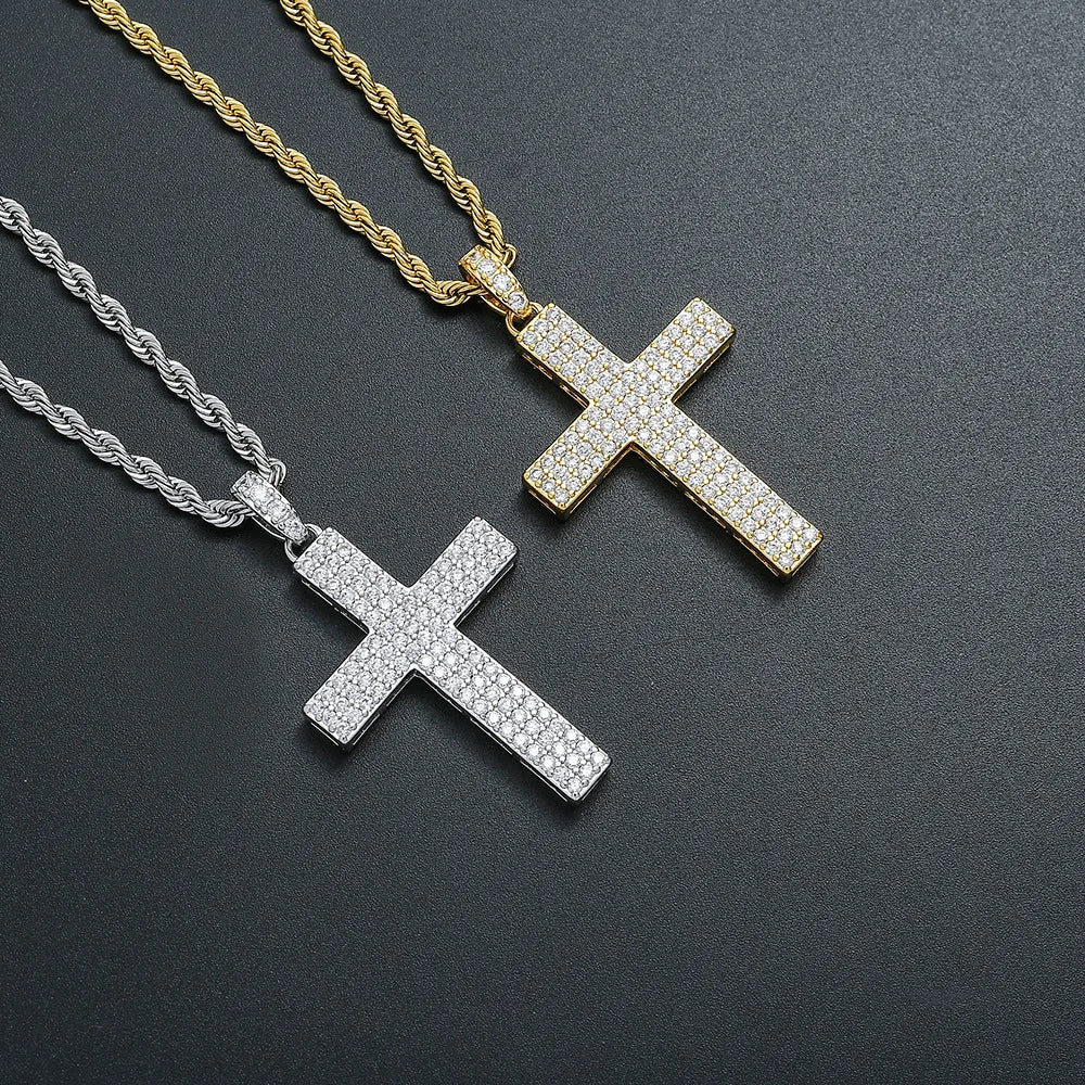 Hip Hop Gold Plated Stainless Steel Twist Rope Chain Cross Necklace Women Men Iced Out Cubic Zirconia Cross Pendant Necklace