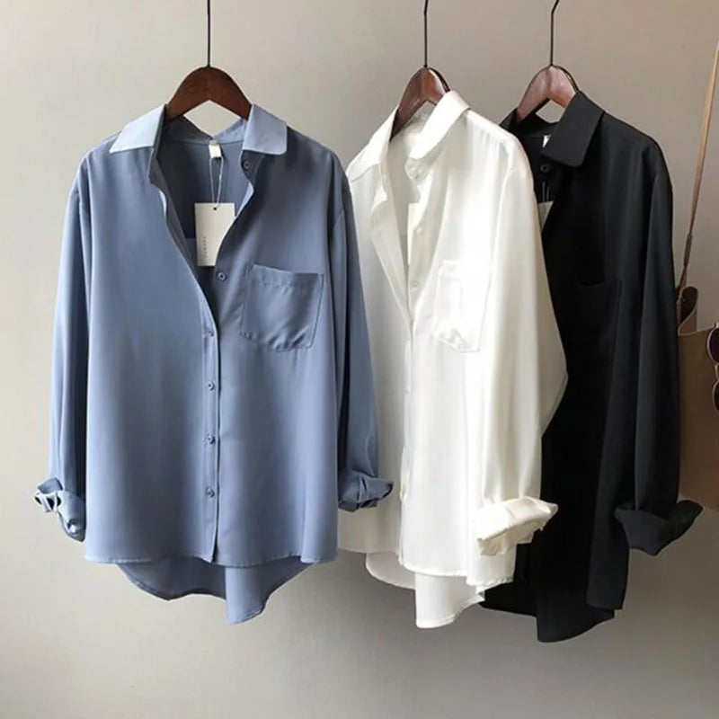 RNSHANGER Loose Blue Shirts for Women Turn-down Collar Solid Female Shirt Casual Long Sleeve Office Ladies Spring Summer Blouses