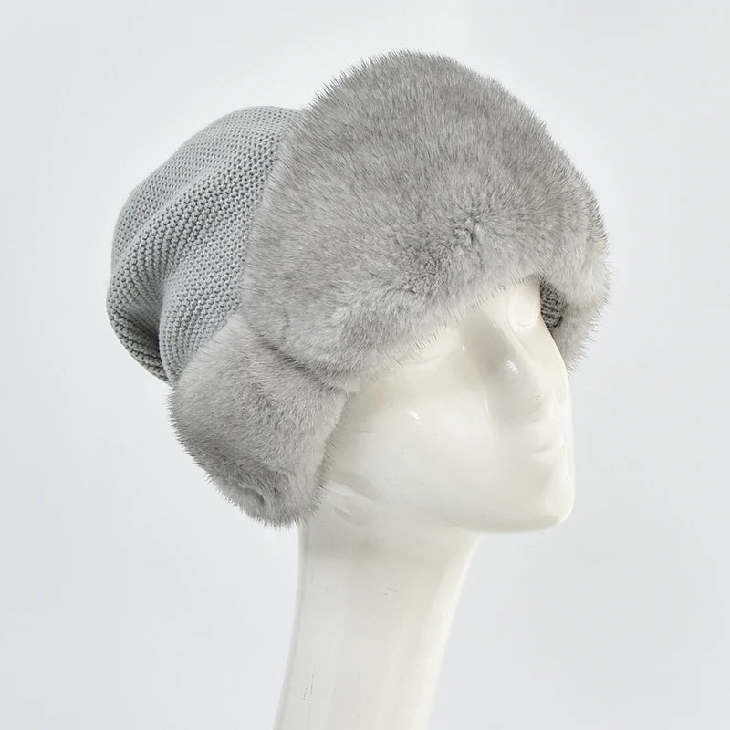 Winter Real Whole Mink Fur Brim Hats for Women Wool Knit Beanie Cold Winter Genuine Mink Ski Hat