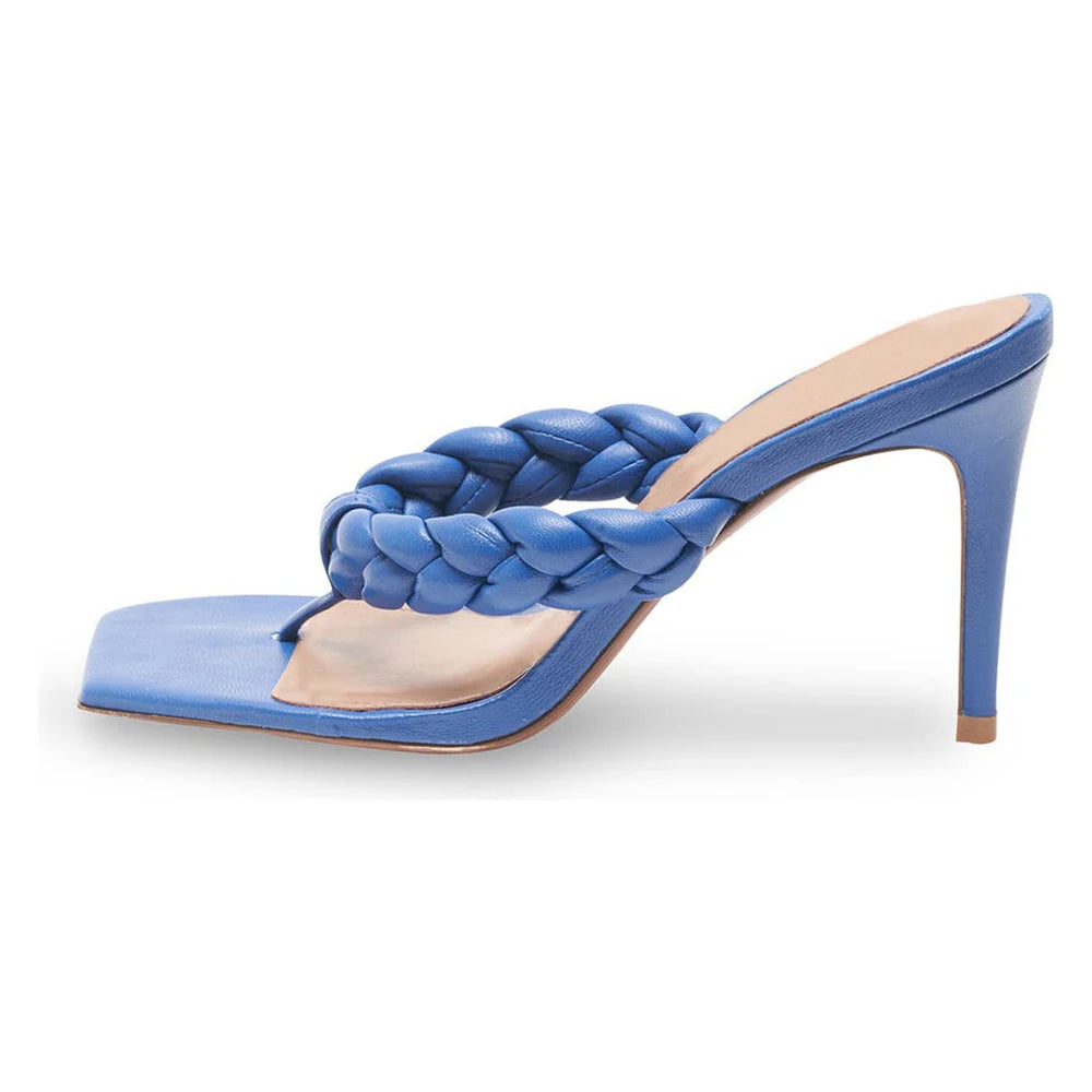 Women's Square Toe High Heels Flip Flops Blue Summer Sandals for Ladies Thong Shoes