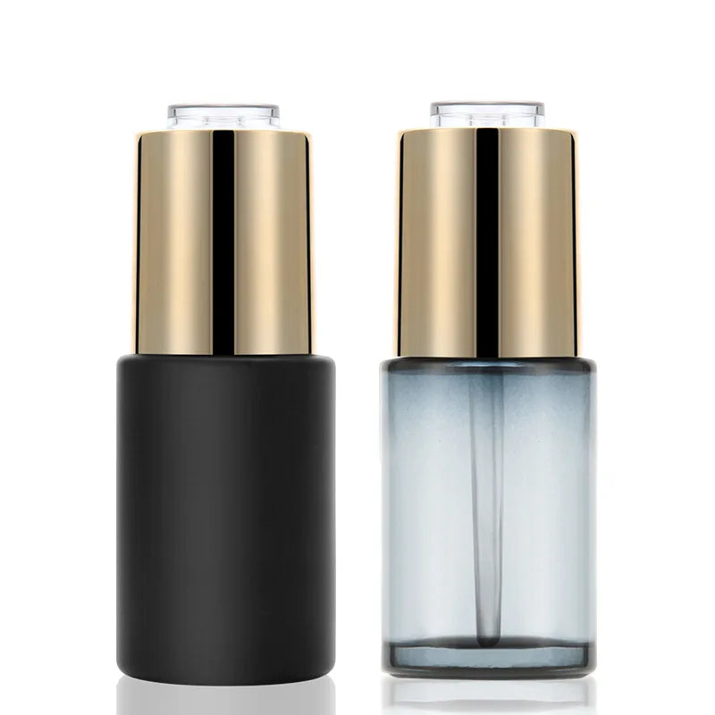Factory Sale Black Round Flat Shoulder Hair Oil Dropper Bottle Luxury 30ml Skin Care Serum Glass Bottle with Push Button Dropper