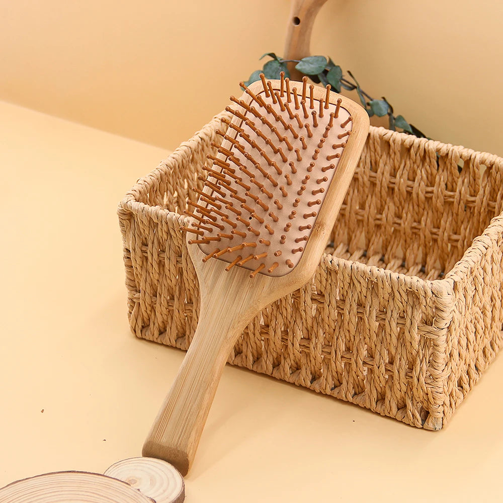 Personalized Eco-friendly Rectangular Paddle Air Cushion Wood Bamboo Hair Brush Disposable Scalp Massage and Detangling Brush