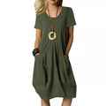 Factory Wholesale Women's  Short Sleeve Solid Color Dress Loose High Waist O-Neck Women's Cotton Linen  Casual Dress