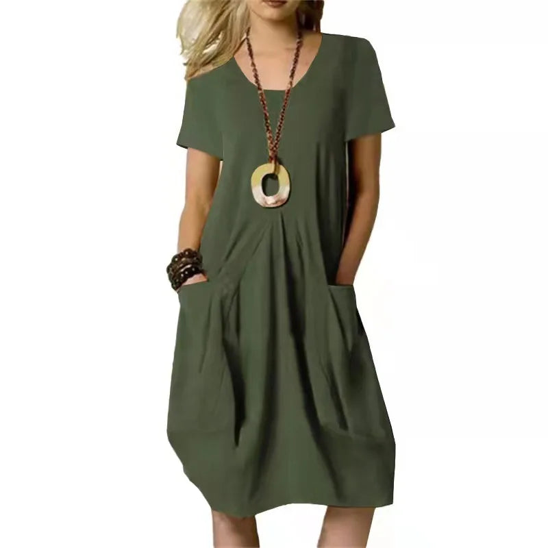 Factory Wholesale Women's  Short Sleeve Solid Color Dress Loose High Waist O-Neck Women's Cotton Linen  Casual Dress