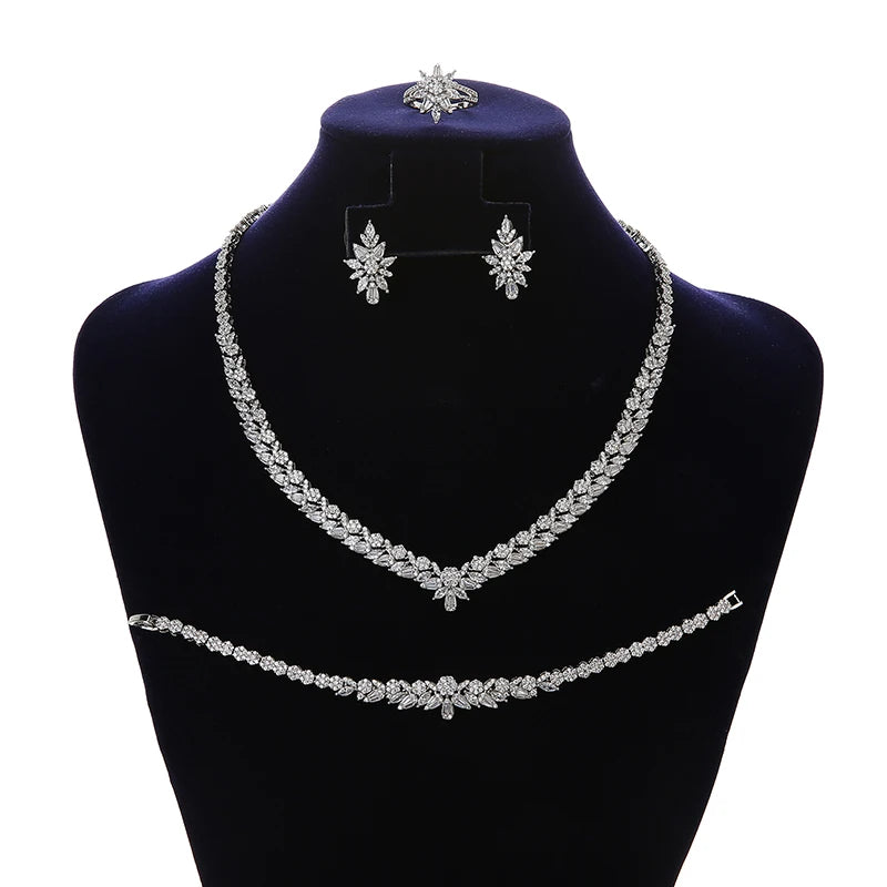Simple Classic Bridal Wedding Accessories for Bride Flower Shaped Platinum Plated Jewelry Set CZ Zircon Casting Jewelry CN1841