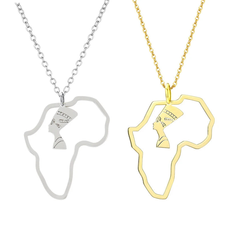 Custom Egyptian Queen Stainless Steel Africa Map Necklace Country Map Necklace Fashion Jewelry Necklaces for Gift