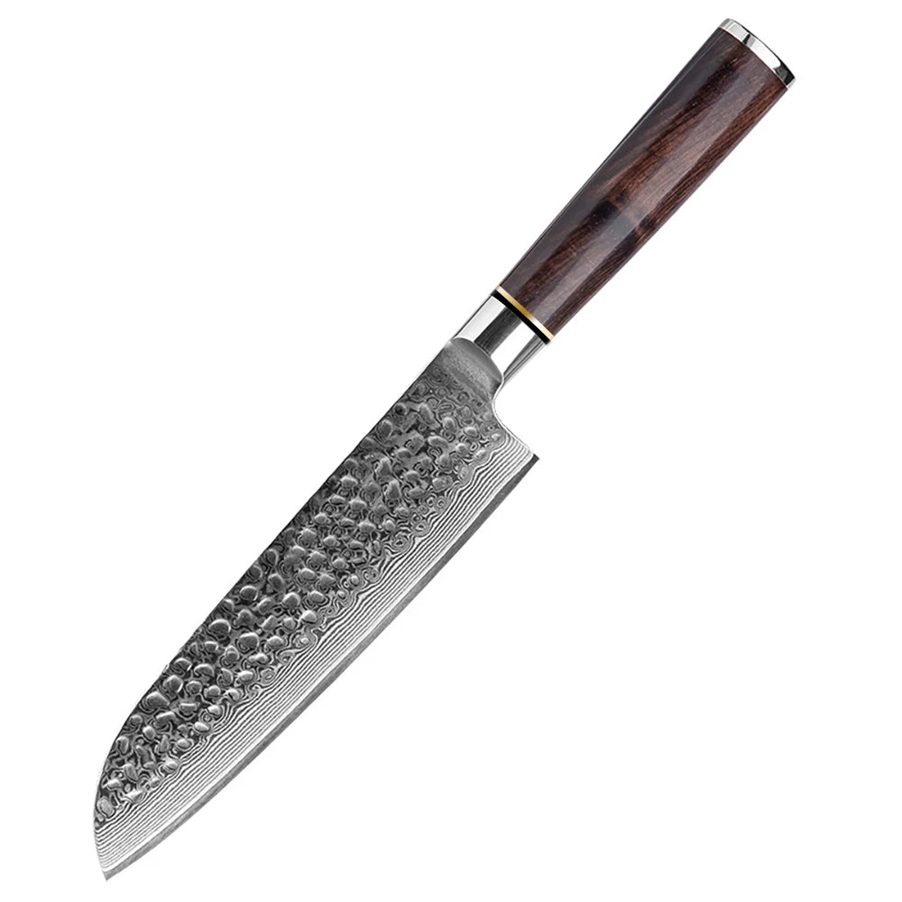 Ebony Wood Handle Hammer Pattern 7 Inch 67 Layers Japanese Damascus Kitchen Santoku Knife