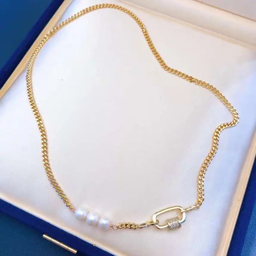 Classic French Gold Plated AAAA Grade Baroque Shape 7-8mm Freshwater Pearl Necklace Link Chain Women's Engagement Wedding