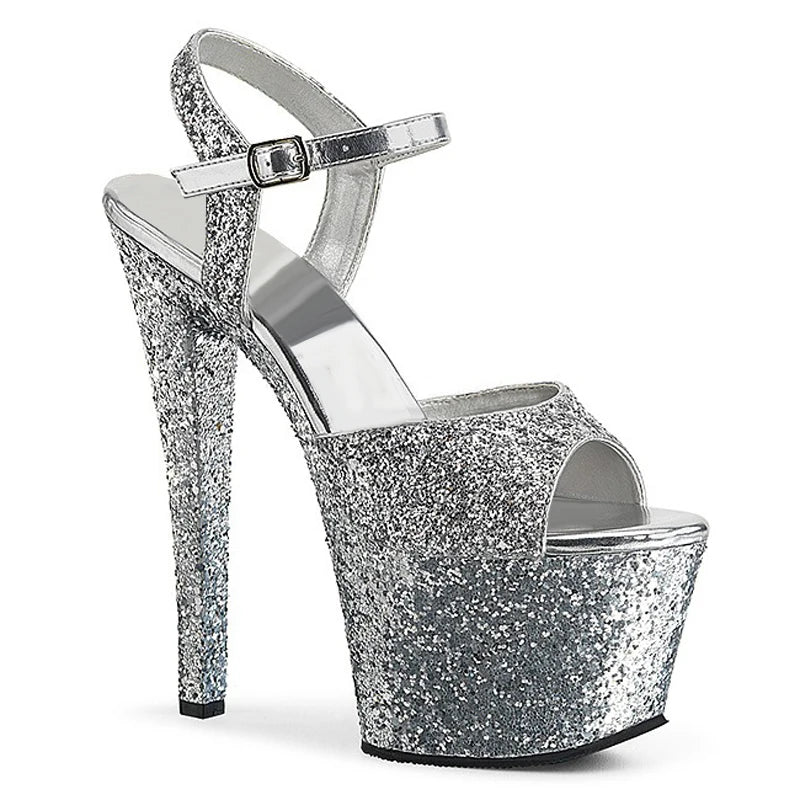 Silver Shiny High Heels 17 cm Banquet Super High Heels T-stage Model Show High Heels Fashion Pole Dance Summer Large Sandals