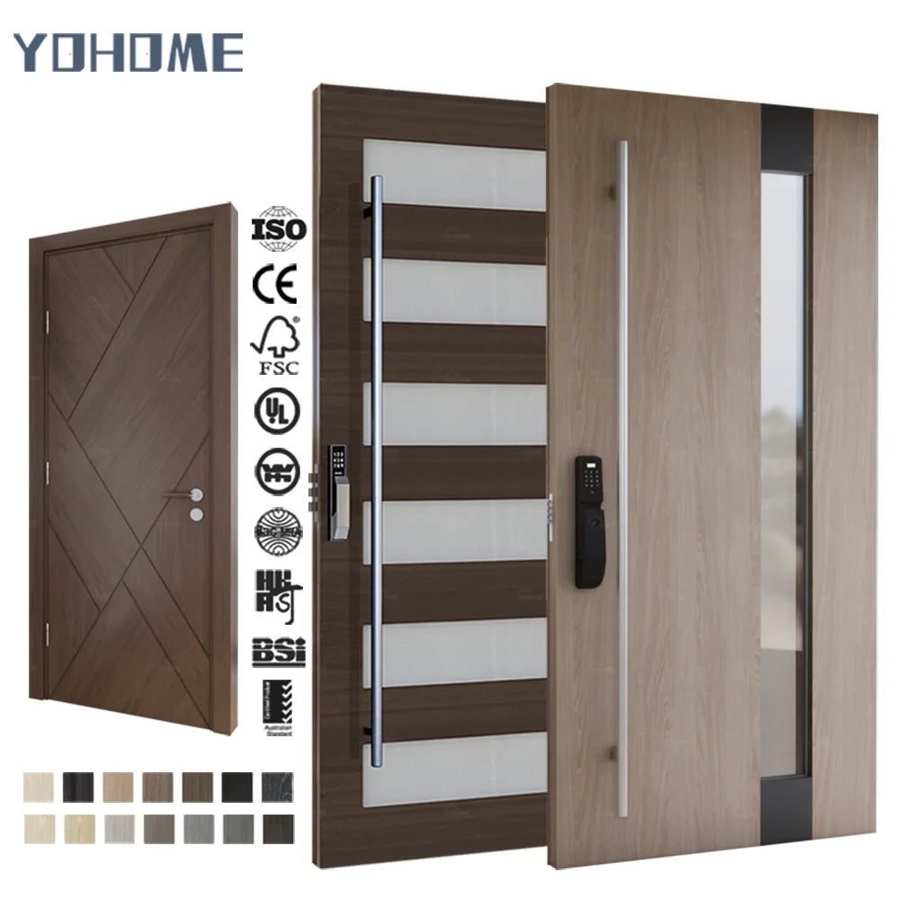 Canada Standard Customize Durable Safety Wood Veneer House Entryway Single Front Pivot Door With Vision Panel Glass Window