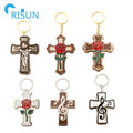 Wholesale Manufacture Metal Cross Enamel Pins Keychain Custom Design Peace Christian Flag Rose Cross Enamel Key Chain Keyring
