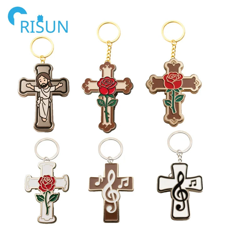 Wholesale Manufacture Metal Cross Enamel Pins Keychain Custom Design Peace Christian Flag Rose Cross Enamel Key Chain Keyring