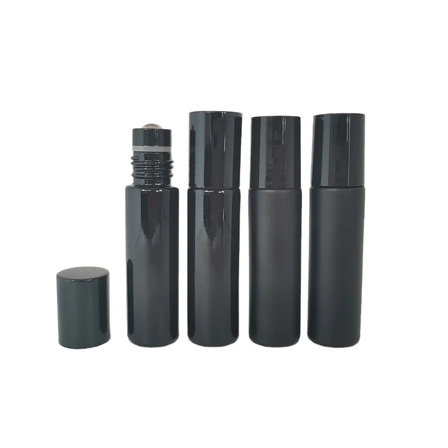 Ready to Ship 10ml Matte/shiny Black Glass Roll on Bottle with Steel Roller for Essential Oils