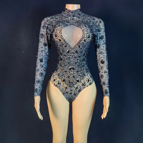 Fashion Long Sleeve Black Crystal One Piece Bodysuit Showgirl Pole Dance Clothes Club Plus Size Romper Women Rhinestone Jumpsuit