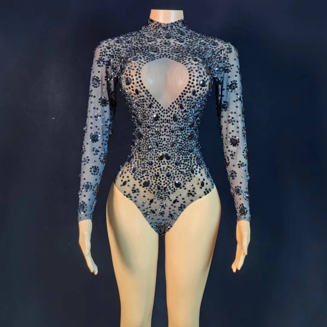 Fashion Long Sleeve Black Crystal One Piece Bodysuit Showgirl Pole Dance Clothes Club Plus Size Romper Women Rhinestone Jumpsuit