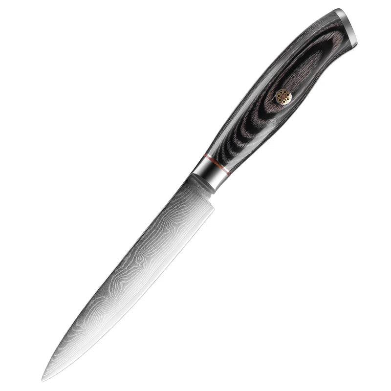 Japanese Damascus Utility Knife 5 Inch Ultra Sharp Kitchen Petty Knife with 67 Layers Pakka Wood Handle