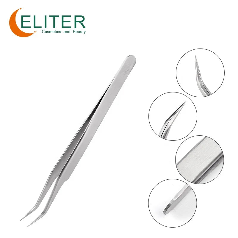 ELITER 40 Degree Stainless Extensible Eyelash Tweezer Straight Tip Fiber Applicator Precision Eyelash Tweezers in Stock