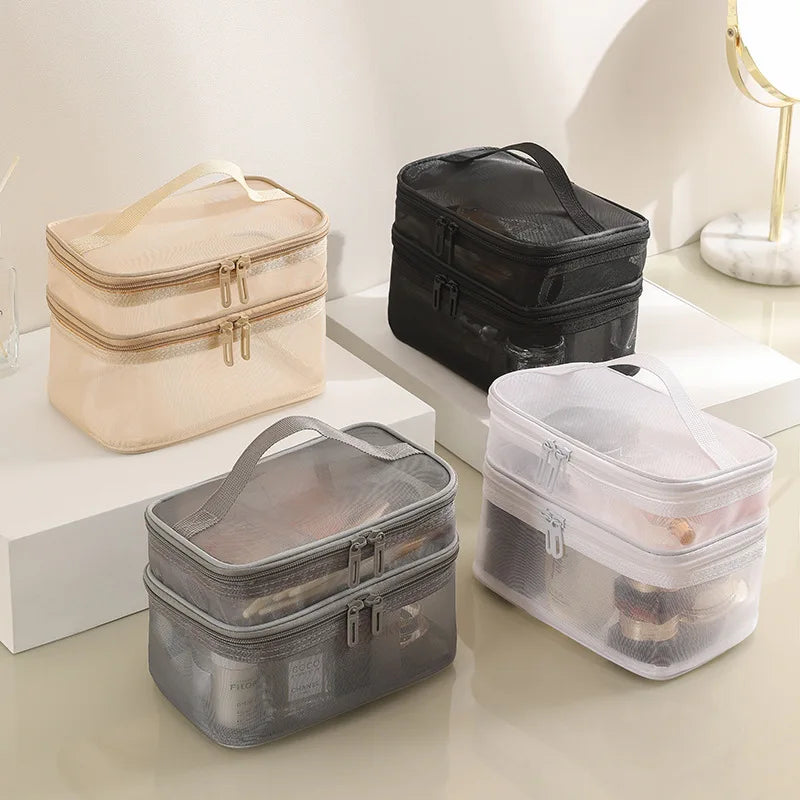 Nylon Gauze Transparent Double Makeup Bag Female Travel Cosmetics Storage Large Capacity Toiletry Bag Wholesale Printing Logo