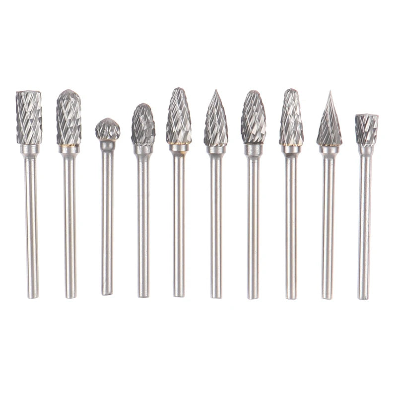 10PCS/Set 3mm Round Shank 6mm Tungsten Carbide Rotary File Drill BitBurr for Grinding Wood Iron Steel Wood Milling Cutter