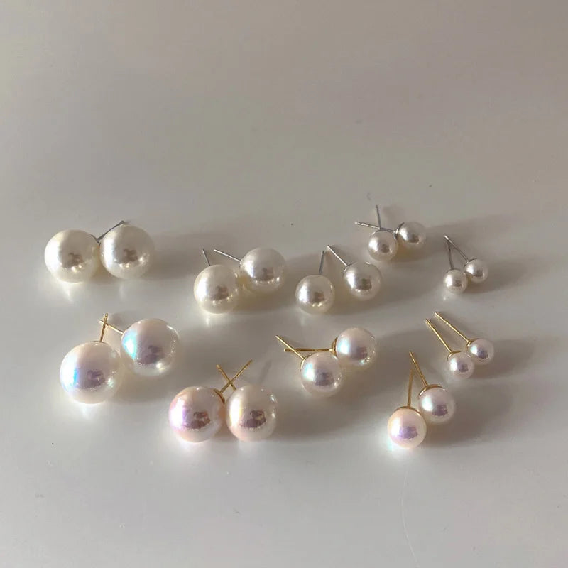 Personality Women Jewelry 6Mm -14Mm Round Natural Pearl Earring Geometric White Pearl Stud Earring for Girl