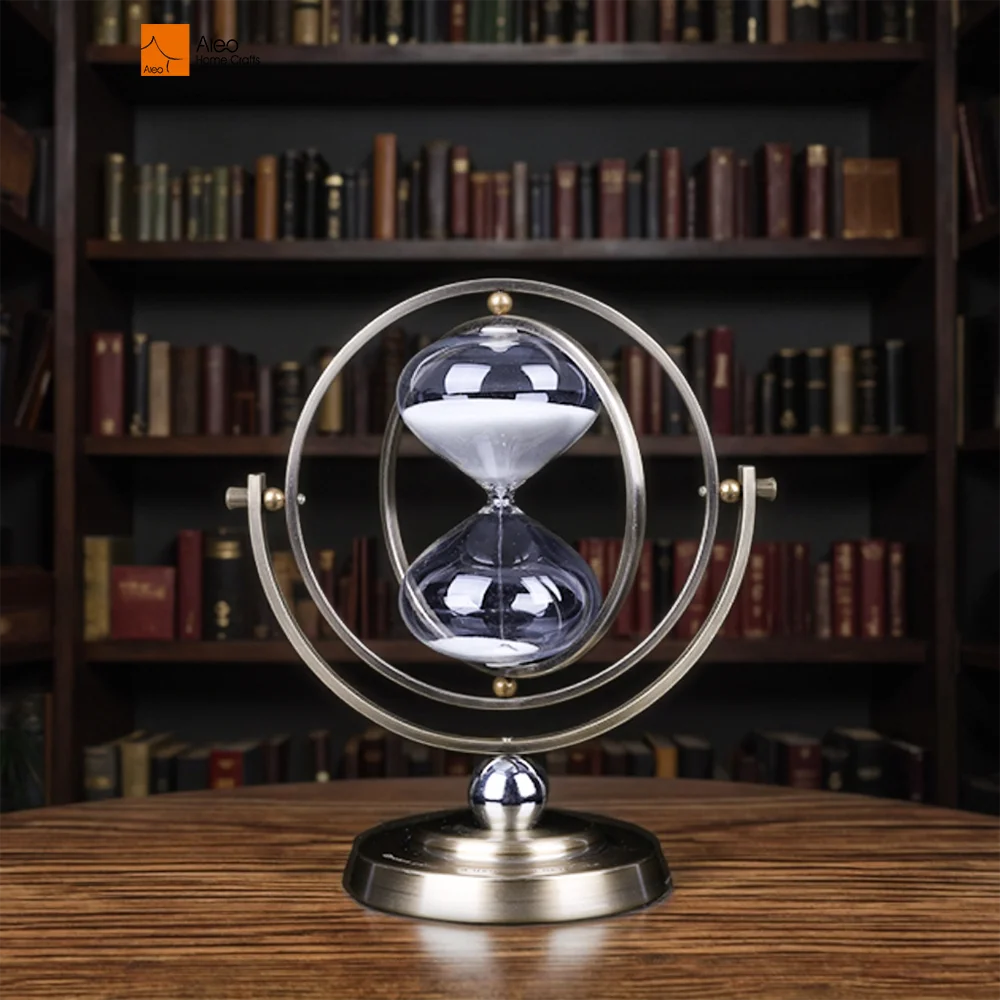 Antique Metal Base Sand Timer Clock 30min Rotatable Globe Hour Glass Small Big Office Decoration Timing Gifts Craft Desktop
