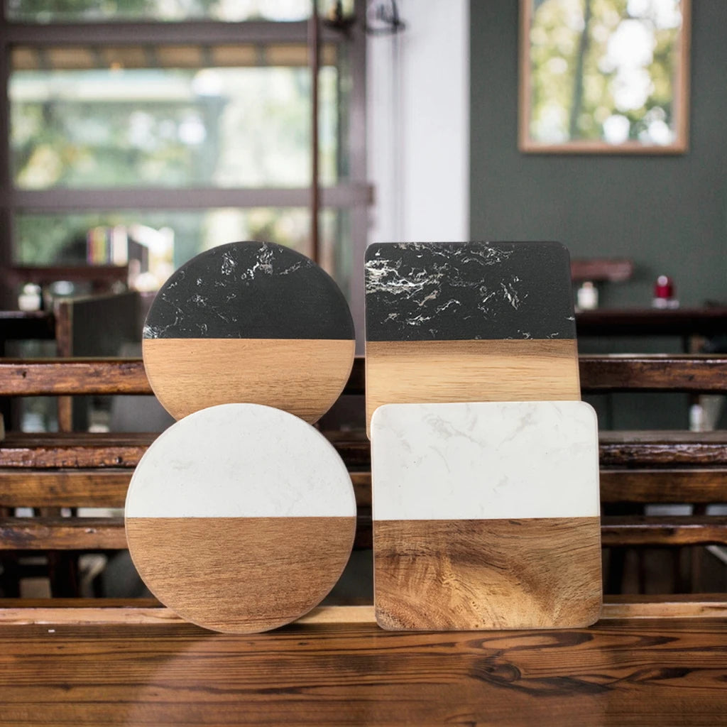 Luxury Marble and Wood Desk Coaster Set | FSC Certified Sustainable Office Decor | Custom Branded Stationery Gift for VIP
