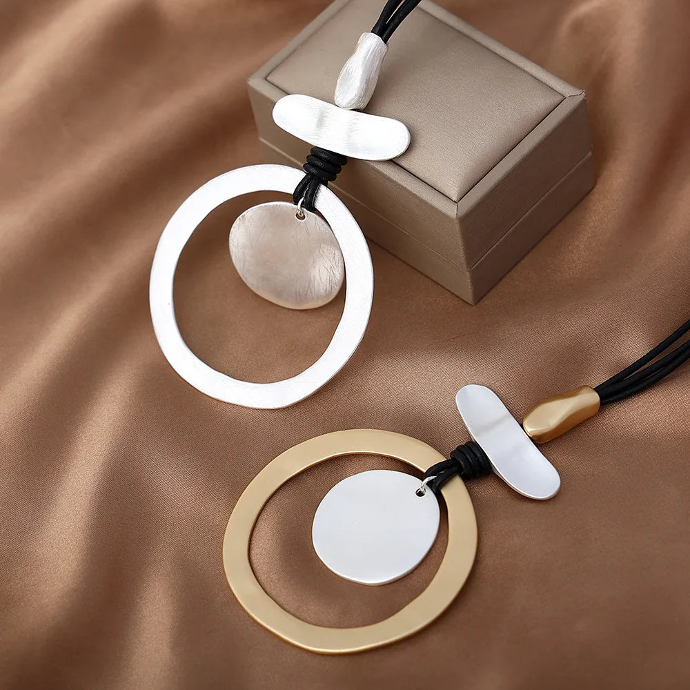 Stylish Geometric Metal Circle Long Leather Statement Necklace for Women Girls