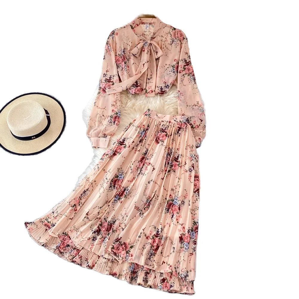 One Size Fashion Floral Print Dress Set Women's Loose Bow Tie Floral Chiffon Shirt High Waist Pleated Skirt Two Piece Set