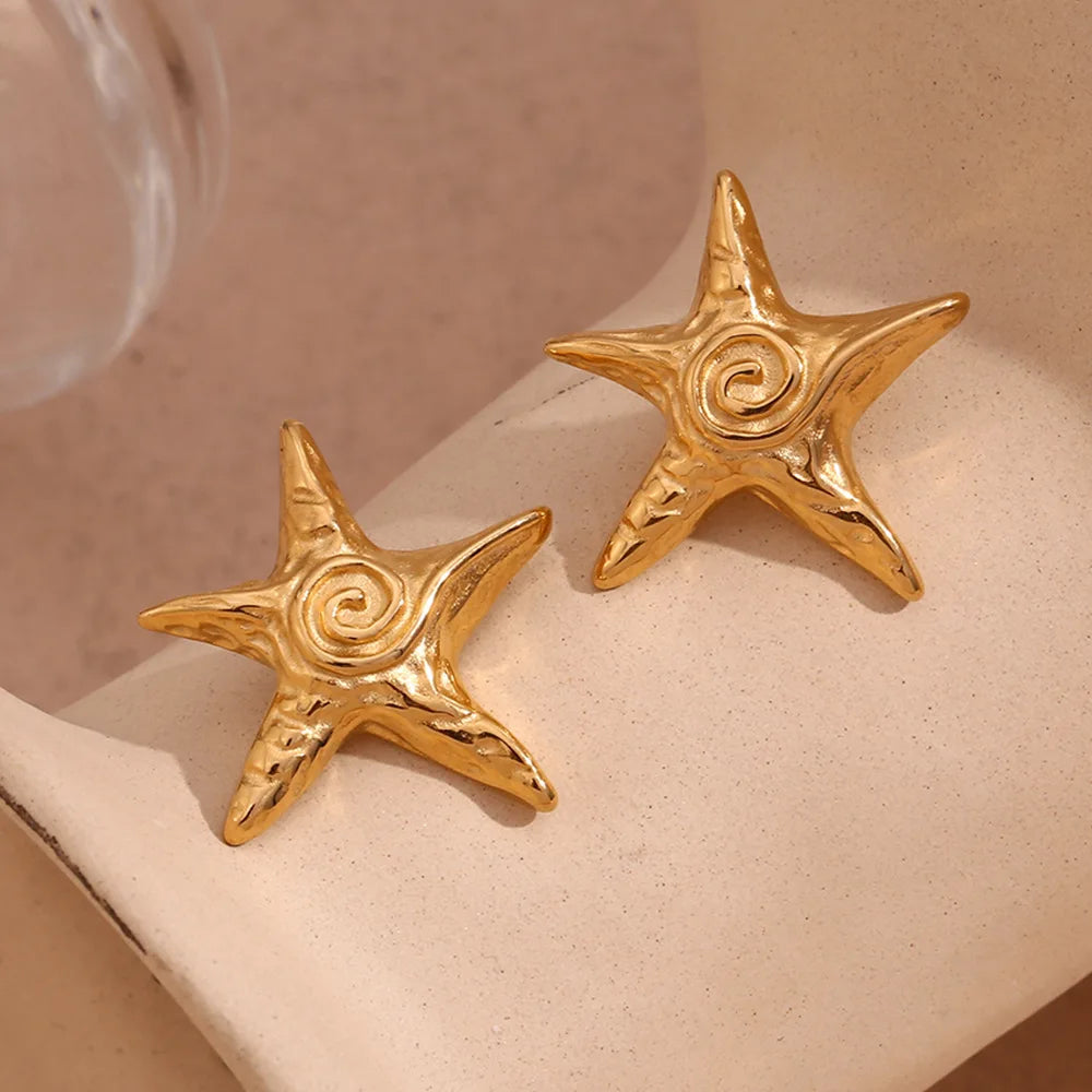 Spring 2024 Fashion Starfish 18k Gold Plated Stud Earrings for Women Stainless Steel Jewelry