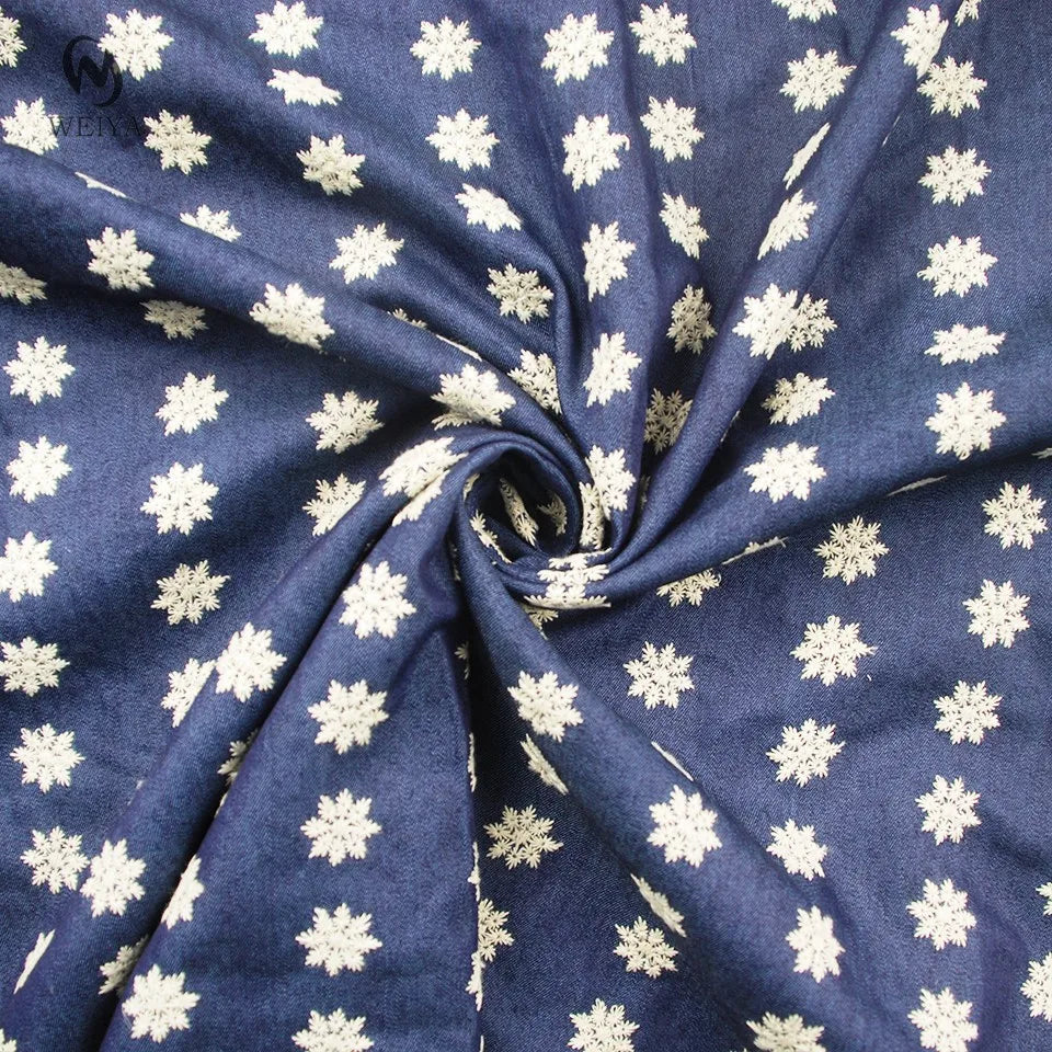Woven Eco-Friendly Summer Lightweight Girl Kids Denim Blue 10 Poly 90 Cotton White Daisy Embroidery Fabric for Dress
