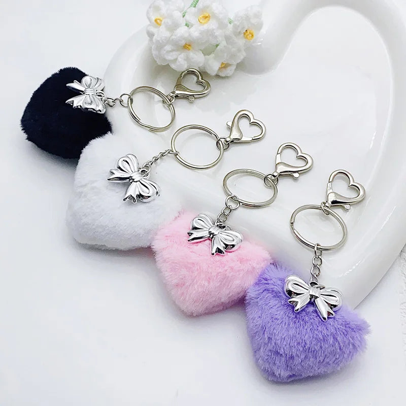 Cute Heart Shaped Plush Keychain Bag Pendant Fluffy Pom Pom Keychains with Knot Metal Charm