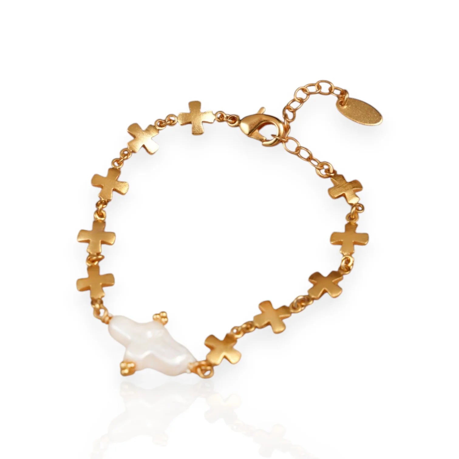 New Trendy Vintage Wedding Real Gold Plated Brass Cross Natural Pearl Chain & Link Women's Bracelet Third Party Certified