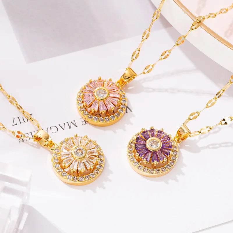Trendy Gold Plated Rotating Micro Inlaid Flower Zircon Necklace Round Diamond Flower Pendant Necklace for Women Girls Gift