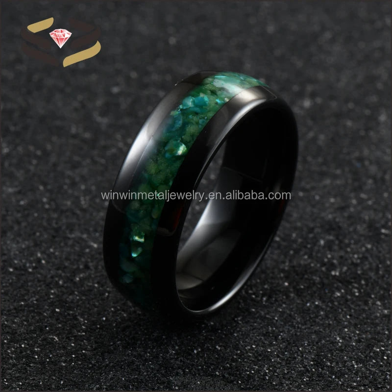Men's Wedding Rings Band 8mm Black Ceramic with Abalone Shell & Green Glowing Materials Inlay Glows at Night for Engagement Gift