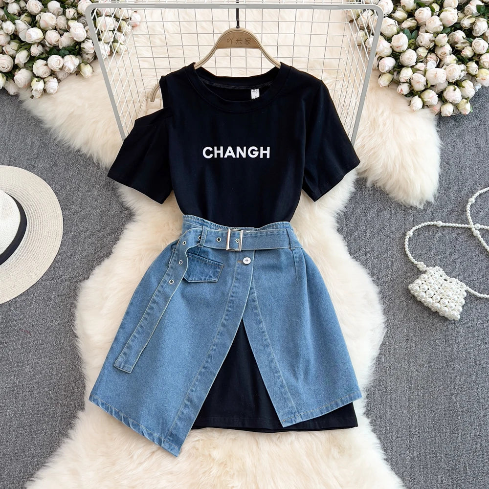 Wholesale 2026 Summer Hong Kong Style Round Neck Off Shoulder T-shirt High Waist Denim Half Skirt Two Piece Women's Dress