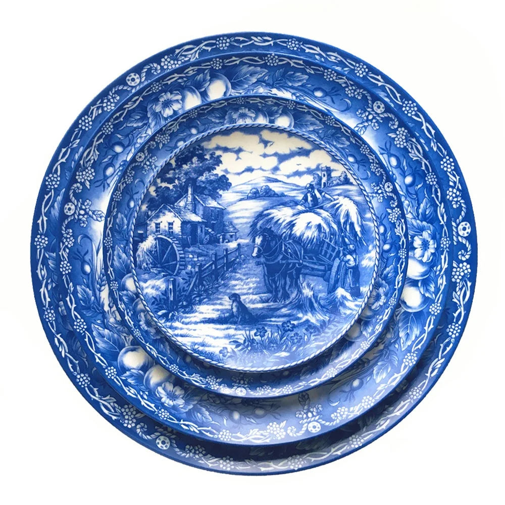 High-End Luxury Oriental Blue European Style Dinnerware Set China Bone Collection From the Blue Countryside Series Dishes Plates
