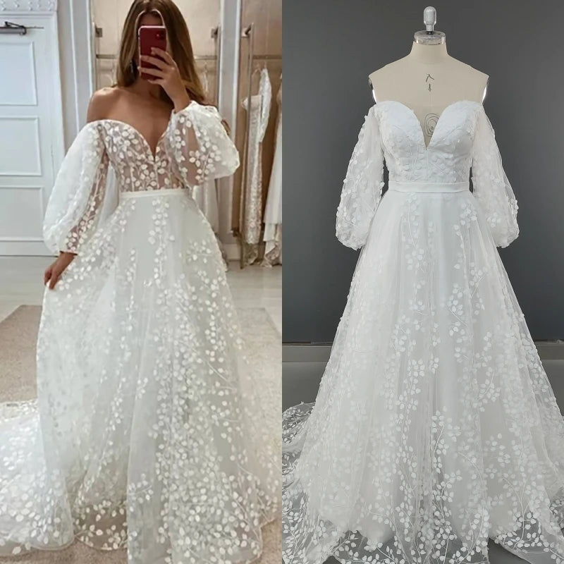 8715# Real Photos Puffy Sleeves Low Back A-line Floral Lace Wedding Dress Bridal Gown for Women Engagement Party Dresses