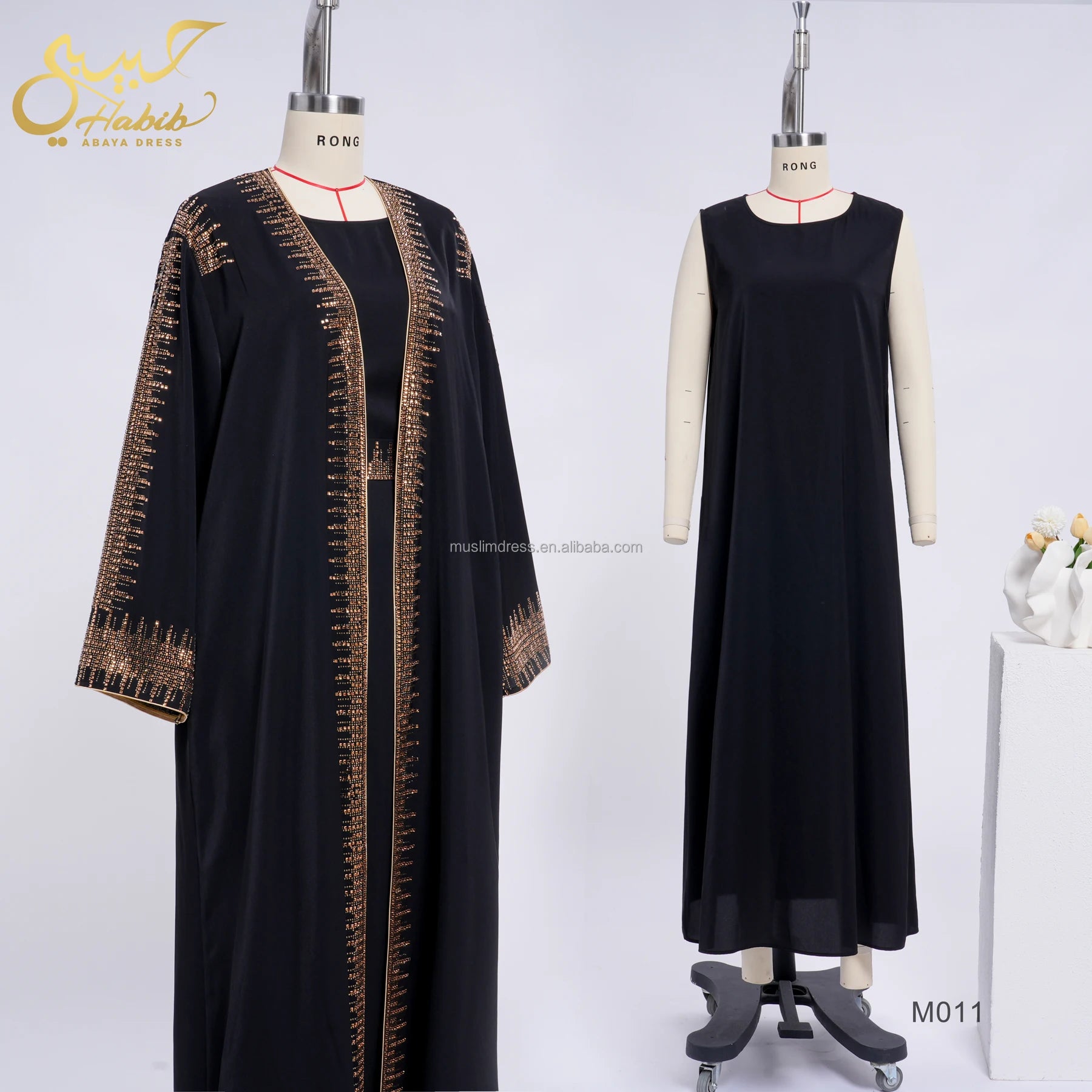 For New 2 Pieces Stone Abaya Set Customized Luxury Black Kaftan Robes Women Polyester Breathable