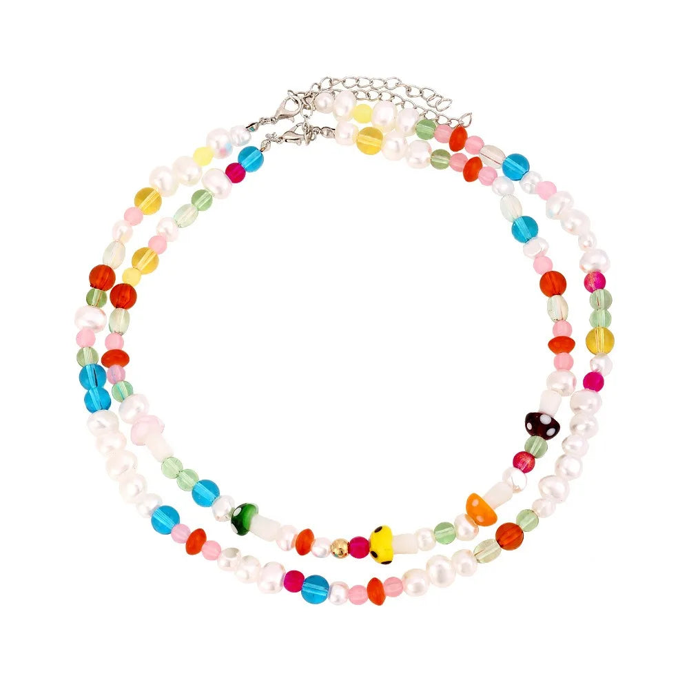 Colorful Glass Crystal Mushroom Necklace Multi-layer Wear Hand Beaded Clavicle Chain Vacation Style Daily Wear Simple Necklace