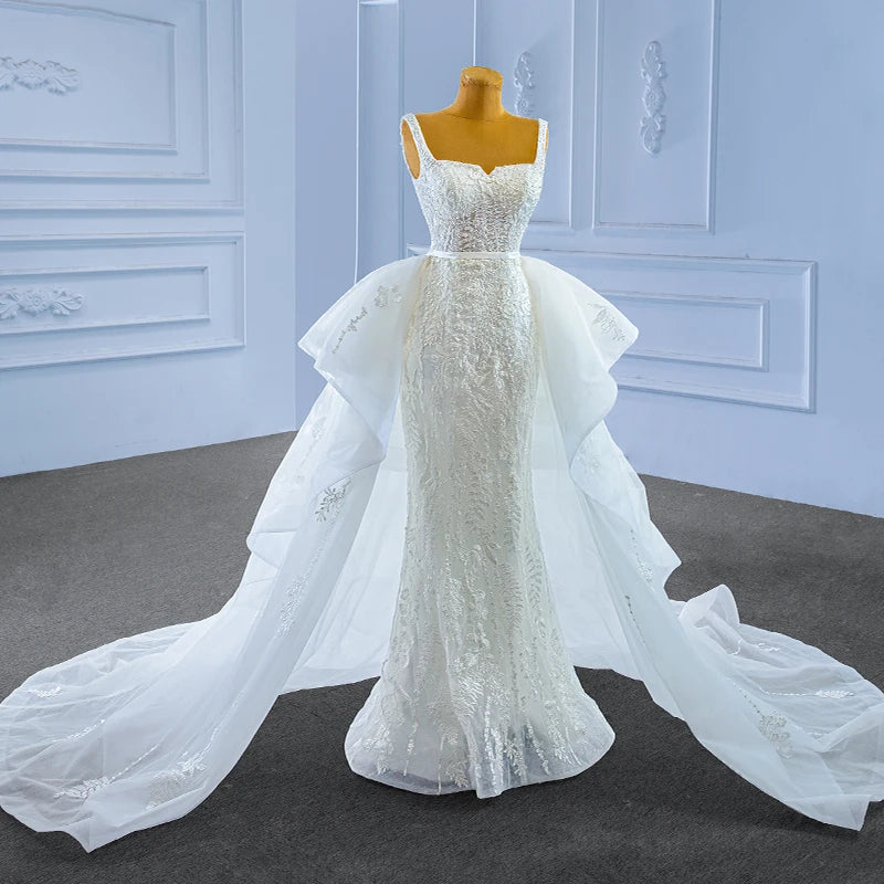 RSM222200 Sweetheart Detachable Train Sleeveless Beading Lace Gorgeous White Wedding Dresses