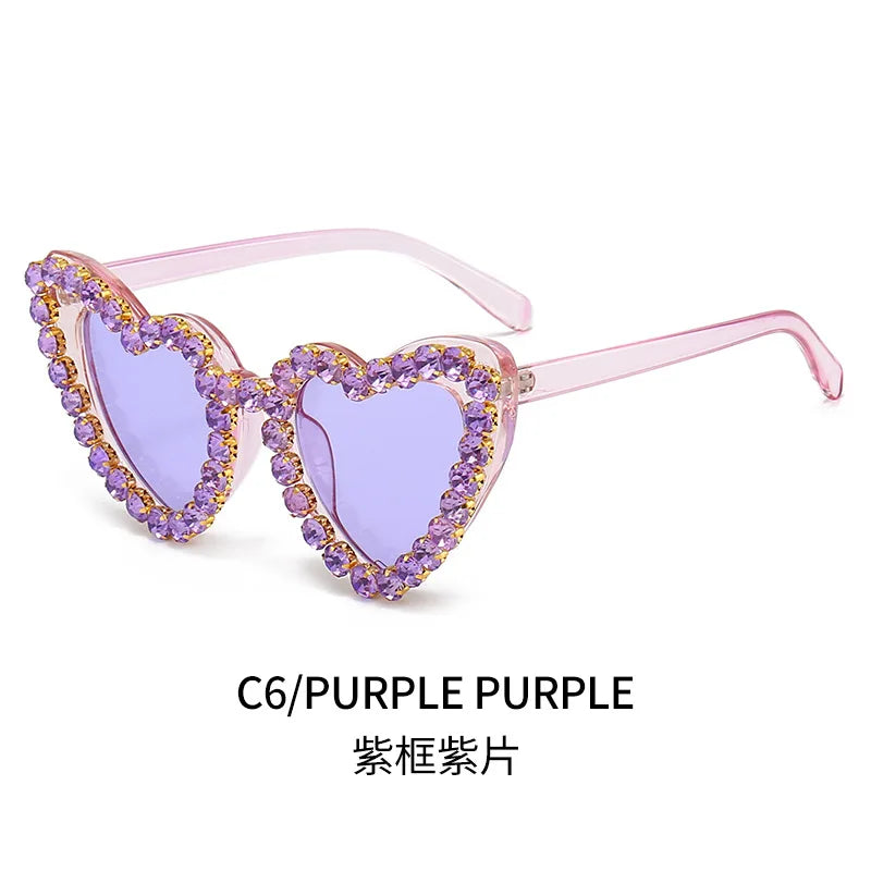 2023 New Design Fashion Luxury Statement Oversized Zircon Crystal Women Heart Sunglasses