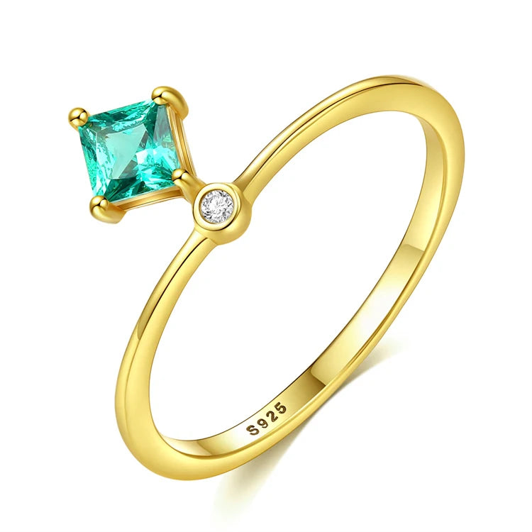 Fine 925 Sterling Silver Square Shape Emerald Gemstone 18k Gold Fashion Zircon Rings for Women