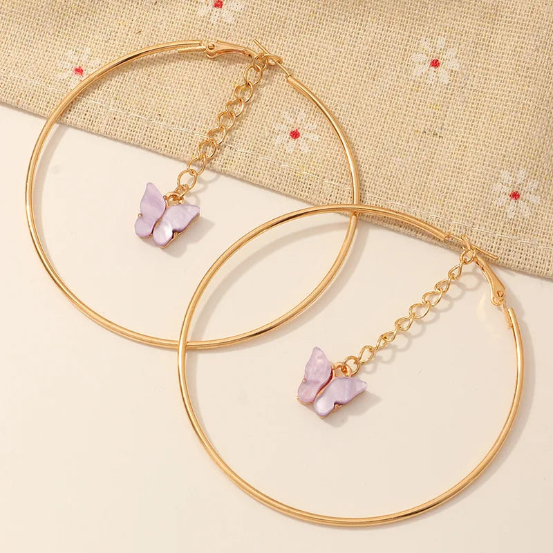 2021 Wholesale Fashion Colorful Acrylic Butterfly Pendant Earrings Women Gold Plated Big Hoop Earrings
