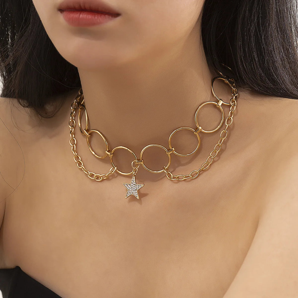 2023 Personality Diamond-encrusted Geometric Star Full Diamond Pendant Collars Exaggerated Ring Chain Metal Niche Necklace