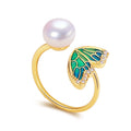 Hot Sale Jingtai Blue Butterfly Ring 18K Gold Plated Natural Freshwater Pearl Ring for Women