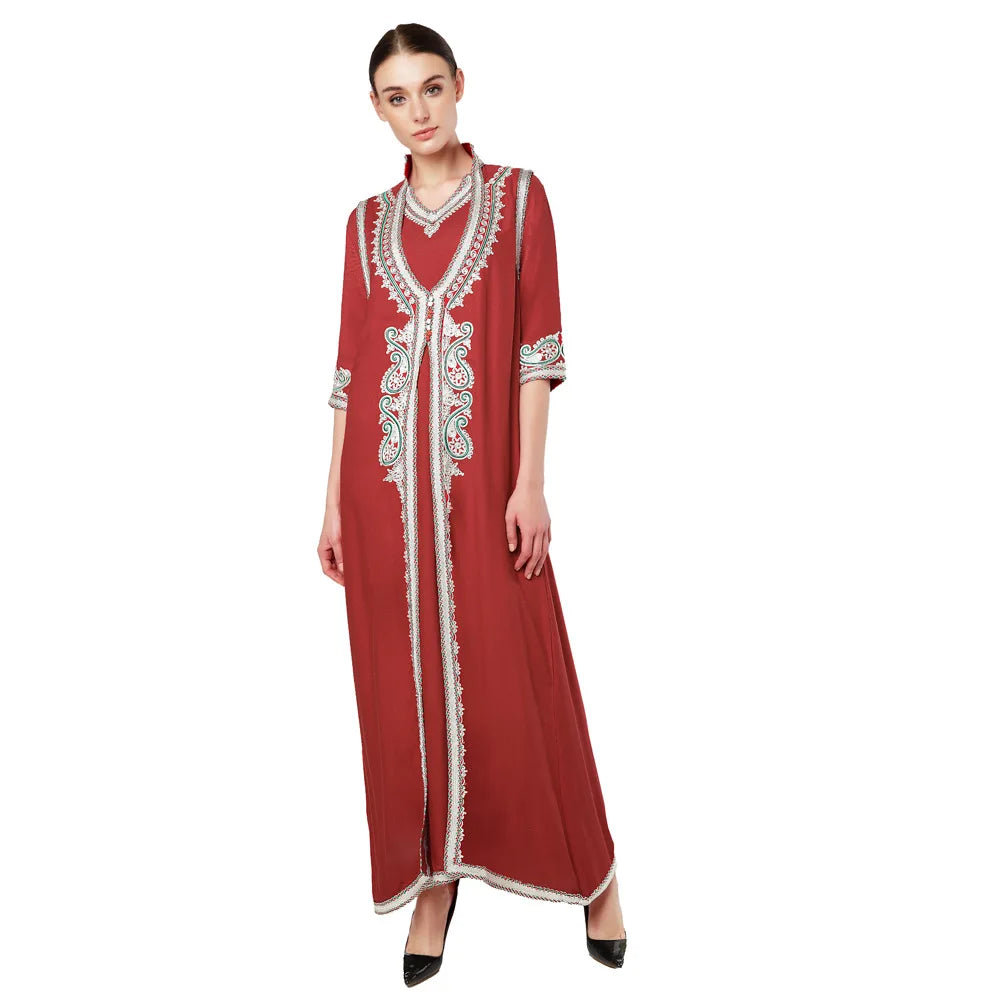 Red Embroidery Abbaya Kaftan Short Sleeve Islamic Jilbab Prayer Abaya Muslim Evening Dresses Kurta Sets for Women