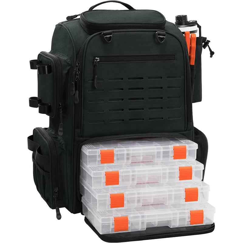 Bait Boss Pro Large 45L Fishing Tackle Backpack with Rod Holders and 4 Tackle Boxes Casual Sports Fishing Gear Storage Bag