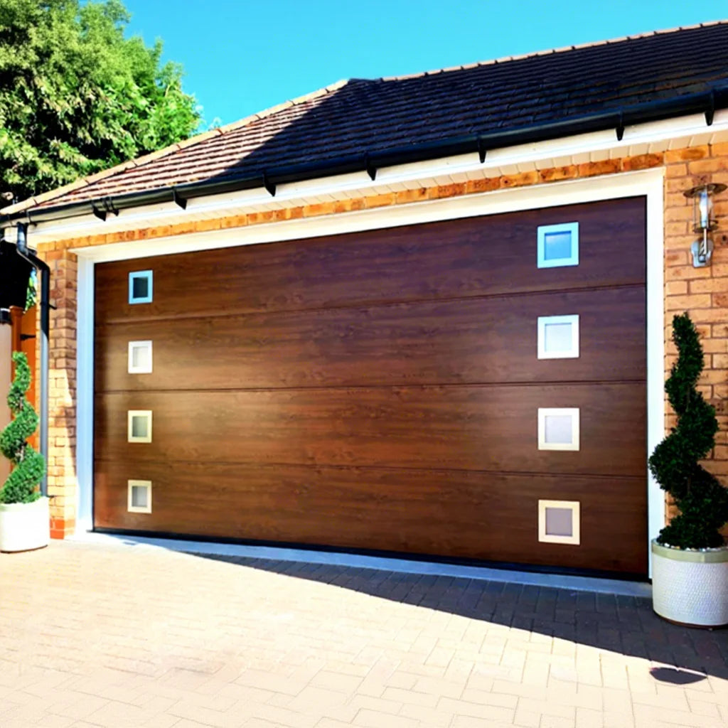 Customized Modern New Wood Color Sectional Panel Steel Automatic Garage Door Tempered Glass Windows Motor Accessory Home Use