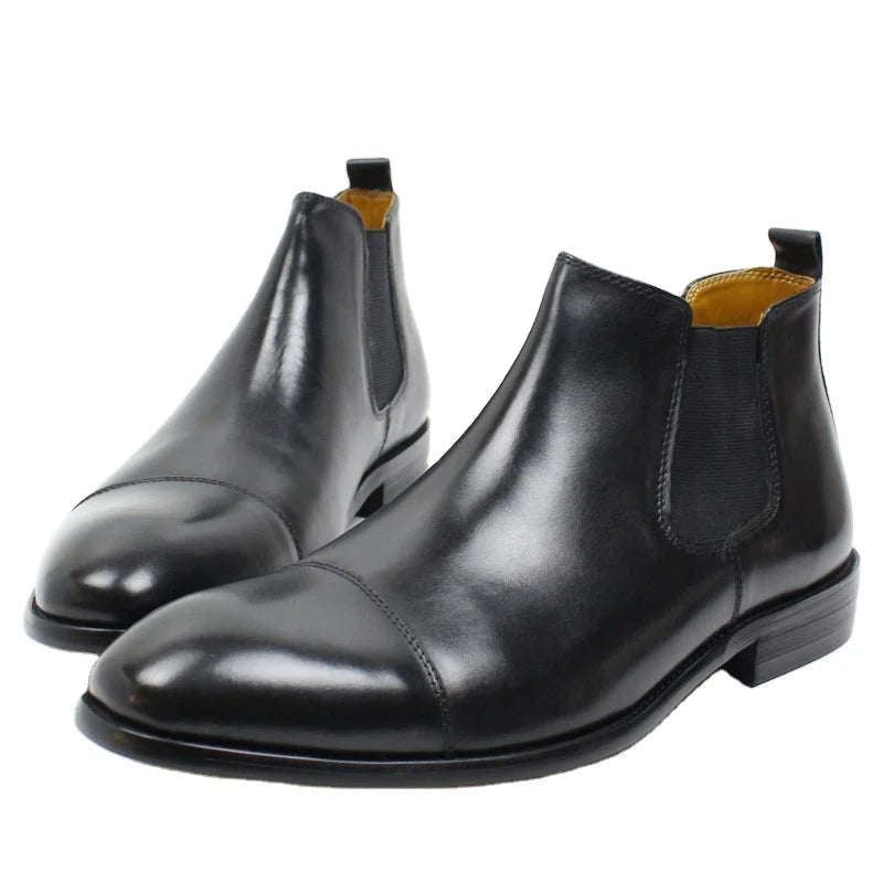 Classic Genuine Leather Black Brown Chelsea Slip on High Top Shoes Men Formal Captoe Ankle Boots